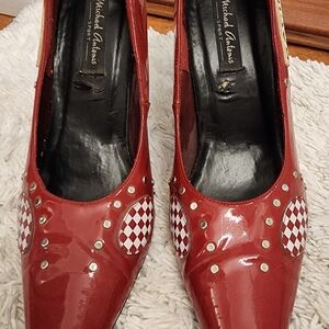 Michael Antonio Red Patent Heels with Checkered Accents